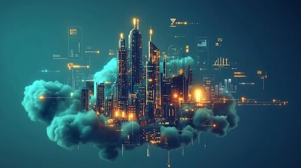 Fototapeta premium Futuristic city on a cloud with glowing digital interfaces.