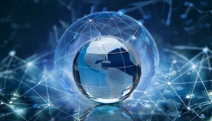 Obraz premium 맑은 유리구 안에 미니어처 지구본이 담겨 있고, 주위에는 디지털 기호와 네트워크 아이콘들이 떠다니는 장면