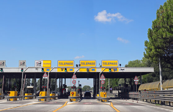 Mestre, VE, Italy - July 19, 2020: motorway toll booth with the text TELEPASS indicating the gate for the automatic payment of the motorway toll