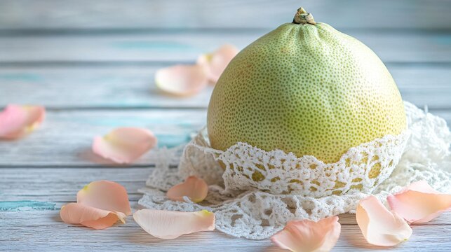 A whole pomelo wrapped in a delicate lace cloth, surrounded by soft pastel-colored petals, on a whitewashed wooden background