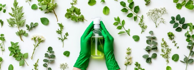 Spring cleaning idea with gloved hands and a sprayer over a floral white wooden background