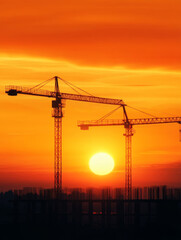 Sunset Construction Cranes Silhouette - Two cranes silhouette against a vibrant sunset, symbolizing progress, industry, construction, ambition, and achievement.