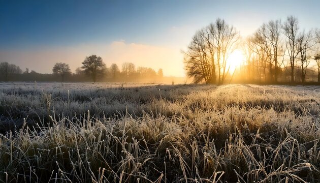 Peaceful frosty field bathed in soft golden light as the sun rises, creating a serene winter countryside setting
