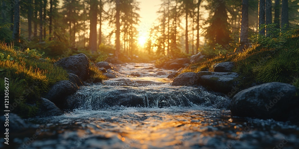 Poster sunlight filtering through trees at dusk over a gentle stream in a serene forest setting