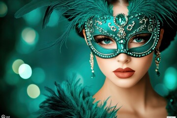 Woman in ornate turquoise mask with feathers and jewels against a dark backdrop exudes mystery and elegance