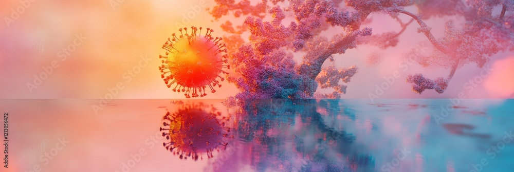 Aufkleber virus sunset reflection - a virus particle at sunset reflected in calm water, creating a surreal and