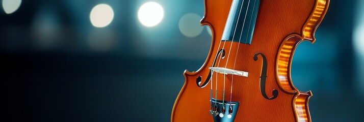 Fototapeta premium Violin in the Spotlight - Close-up of a violin against a blurred dark blue background with bokeh lights, perfect for music or classical themes.