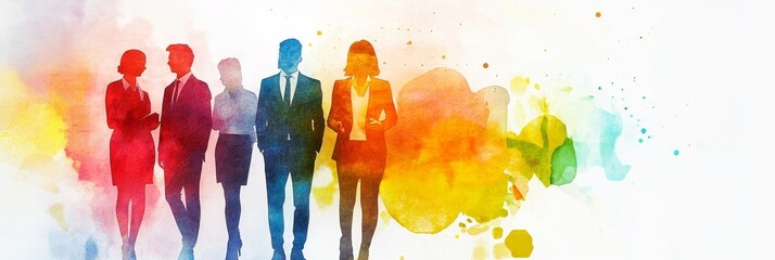 Vibrant Watercolor Business Team - Symbolizing collaboration, success, innovation, teamwork, and growth in a dynamic business environment.  A colorful watercolor illustration of a business team.