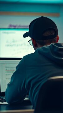 Individual working focused on a computer in a modern office setting during evening hours