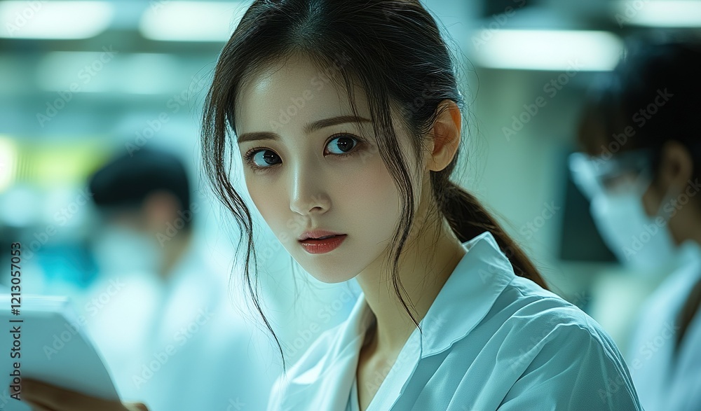 Poster young scientist working in a modern laboratory, focused on research and analysis during a busy labor