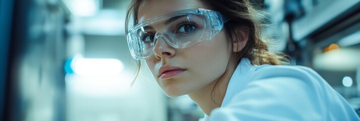Woman Scientist in Lab Coat and Goggles - A focused female scientist, wearing safety goggles and a lab coat, engrossed in her research.  Symbolizing science, innovation, discovery, precision, and prog