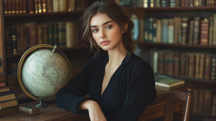 Naklejka premium Professional woman in a black dress, leaning against a rustic wooden desk with books and a globe, in a cozy library setting