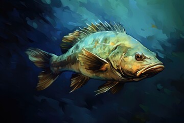 Naklejka premium Small Mouth Bass Generated by AI Technology. Underwater Nature of Marine Life in Blue Water Background