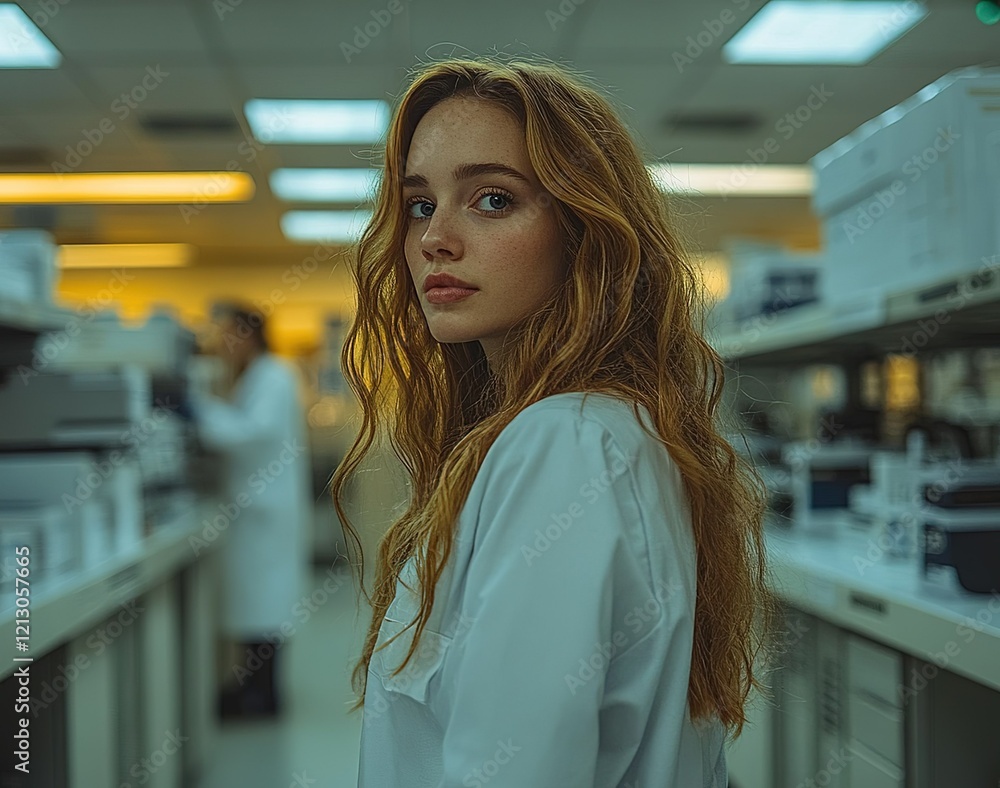 Poster young researcher in a laboratory setting focuses on her work while colleagues conduct experiments in