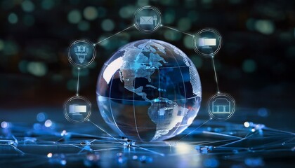 맑은 유리구 안에 미니어처 지구본이 담겨 있고, 주위에는 디지털 기호와 네트워크 아이콘들이 떠다니는 장면