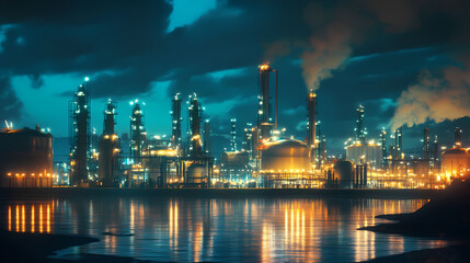 Fototapeta premium Futuristic oil refinery complex with large storage tanks illuminated at night. Midnight Harbor. Illustration