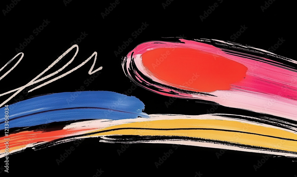 Poster dynamic abstract brushstroke design with vibrant colors and expressive artistic elements on a contra