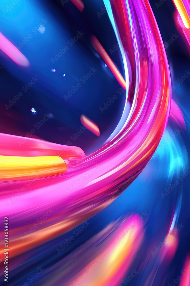 Poster vibrant abstract digital artwork featuring dynamic swirling neon waves and fluid motion in a spectac