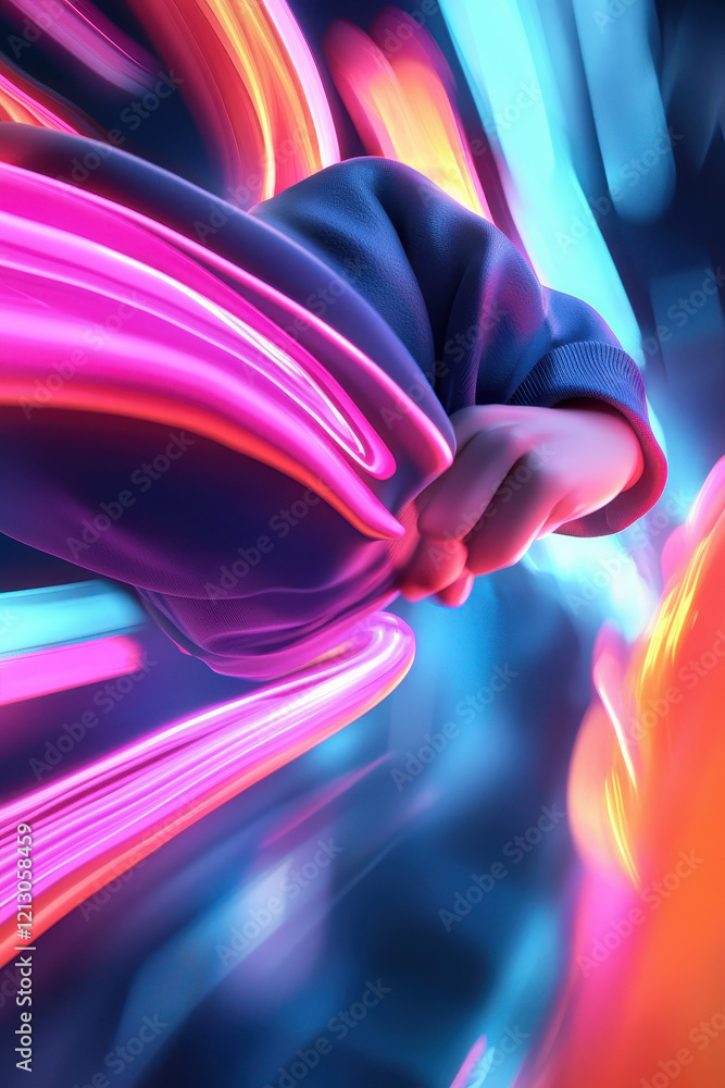 Poster dynamic neon motion blur with vibrant colors and glowing lights creating a futuristic and expressive