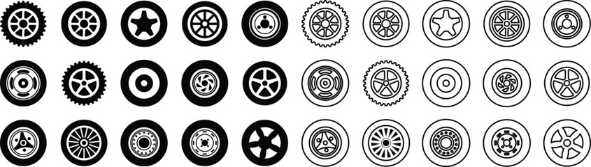 Wheel tires icon in flat line set. Black rubber wheel tire disks auto service vector for apps or website vehicle or automobile tire alloy wheel with rim isolated on transparent background © AbdulJabbar