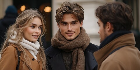 Fototapeta premium Young people engage in lively conversation in a charming urban setting on a cool afternoon