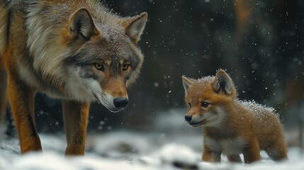 Fototapeta premium A dynamic wildlife photograph of a wolf , droplets of dew flying through the air, with focus on the wolf and blurred motion in the background, photorealistic.