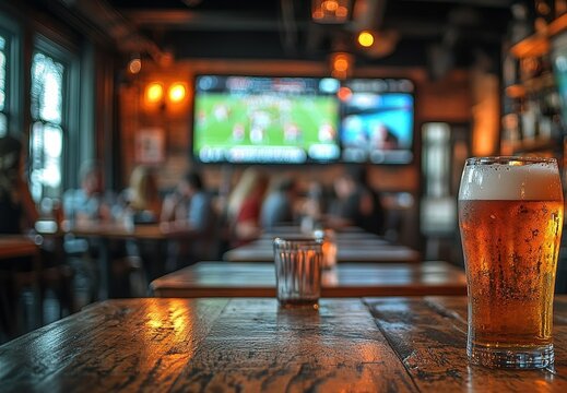 Gathering of friends enjoying drinks and sports at a lively bar in the evening - Powered by Adobe