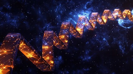 A sequence of swirling luminous vines connecting massive floating geometric platforms in an endless stream over the stars.