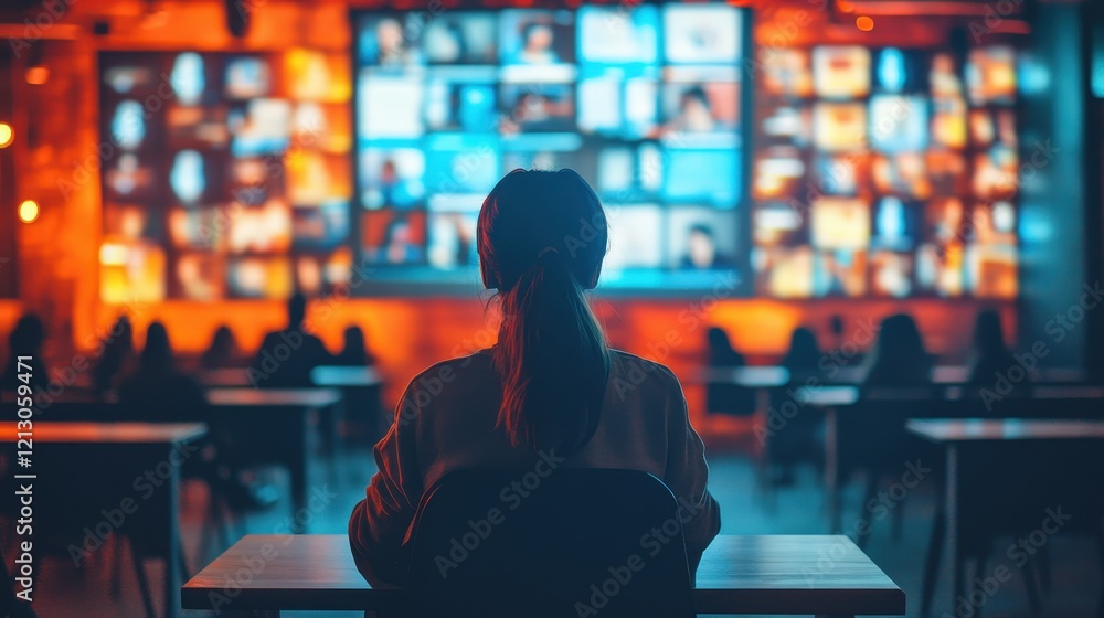 Poster students engage in a virtual learning session in a modern classroom with multiple screens displaying