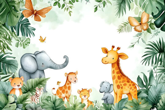 Fototapeta Cute cartoon safari zoo with animal frame border on background in watercolor style.