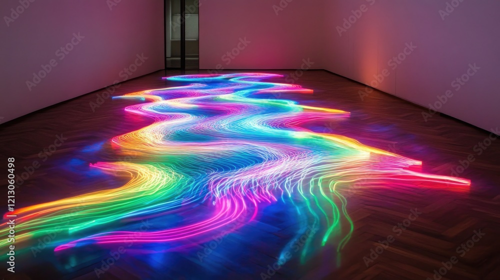 Poster vibrant light installation on the floor creating a colorful path with curved lines
