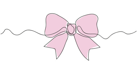 Minimalistic continuous line drawing of a ribbon bow. Elegant black outline bow knot design on a white background. Vector illustration for festive occasions.
