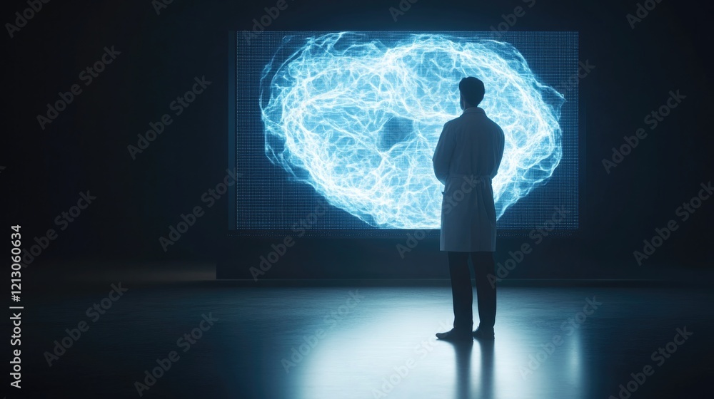 Poster silhouette of doctor standing in front of large glowing ct scan display in darkened lab