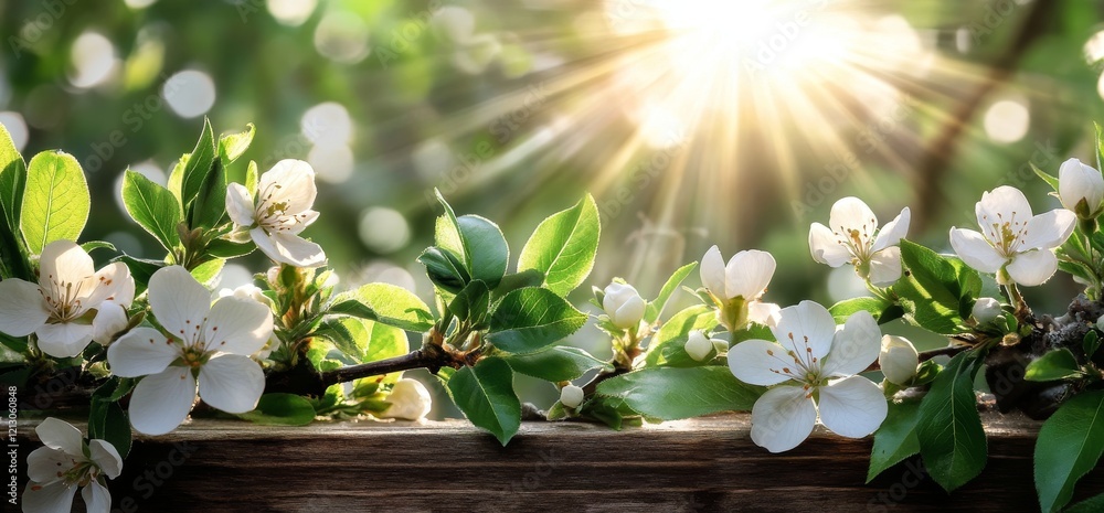 Poster Bathed in the warm light of spring and summer, an inviting wooden table sits amidst the garden's lush greenery, seamlessly blending with the natural surroundings