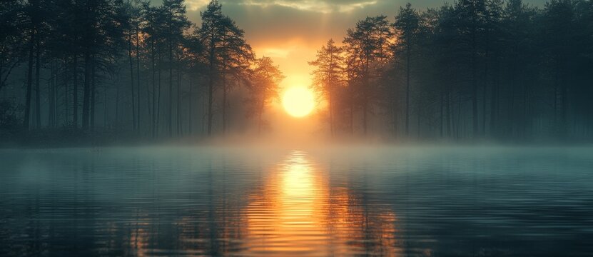 Sunrise over a calm lake mirrors nature's beauty, fostering relaxation and digital detox in a tranquil outdoor setting