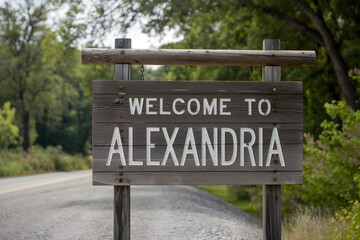 Fototapeta premium Welcome to Alexandria Virginia Wooden Sign with Rustic Charm and Southern Hospitality, Historic Cityscape and State Pride, United States Travel Destination