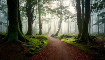 Mysterious woodland trail bathed in soft fog, creating a tranquil and atmospheric natural scene