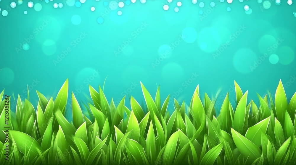 Poster spring meadow bathed in sunshine, featuring lush green grass against a clear blue sky. the design in