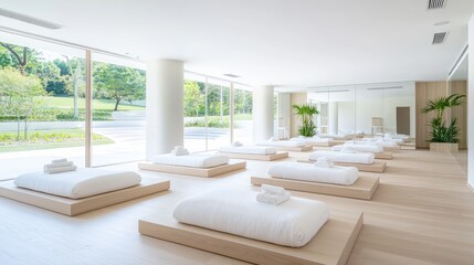 Fototapeta premium Serene yoga studio with mats, park view, relaxation space, wellness retreat