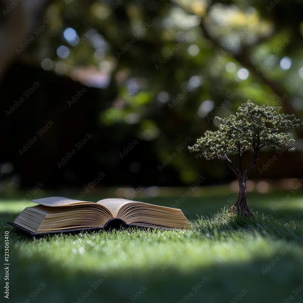 Poster the opening of a book showcases a budding tree in the spring amidst a field of grass, representing e
