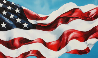Vivid Display of Stars and Stripes: A Symbolic Representation of American Heritage and Unity Against a Clear Sky