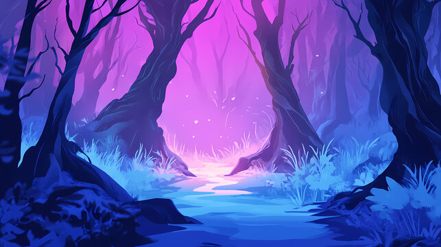 Dark twisted forest with obsidian-like trees and enigmatic glow beneath roots. Obsidian Forest. Illustration