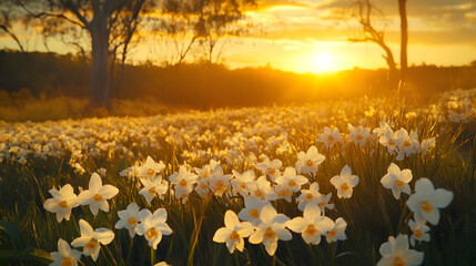 A field of wild orchids swaying gently in the wind, with a sunset casting golden hues across the horizon, during an idyllic evening