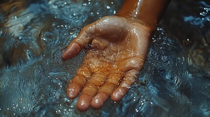 Fototapeta premium A hand extends gently into clear water, creating ripples that dance in warm sunlight