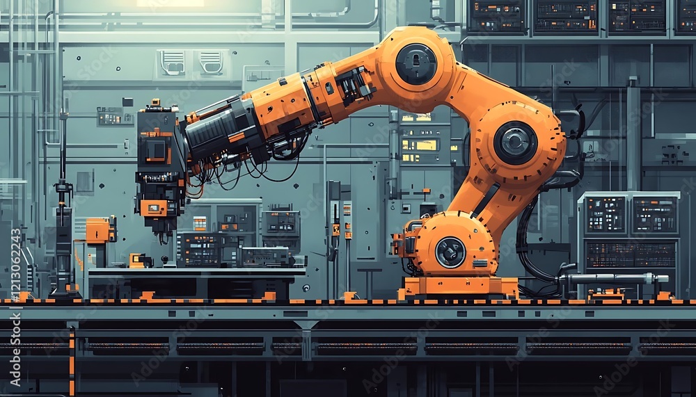 Poster orange robotic arm in a futuristic factory setting, performing automated tasks on a production line.
