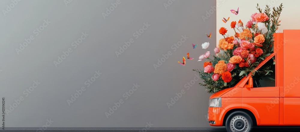 Poster a 3d rendering showcases an orange van packed with colorful spring blooms set against an orange back