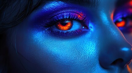 Woman's eye with neon makeup, dark background.