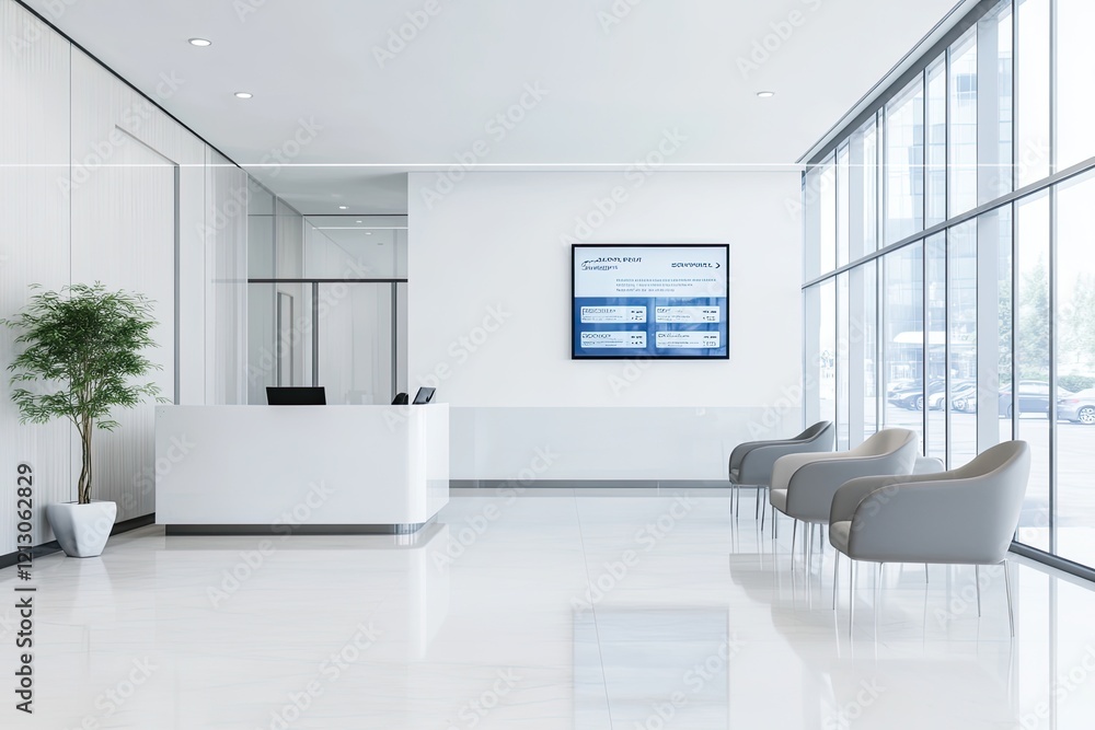 Poster sleek and minimalist auto service reception area with modern seating and digital display showcasing 