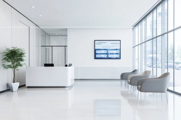 sleek and minimalist auto service reception area with modern seating and digital display showcasing services