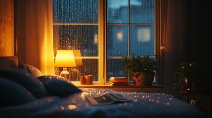 Cozy room illuminated by a warm glow with rain cascading on the glass window